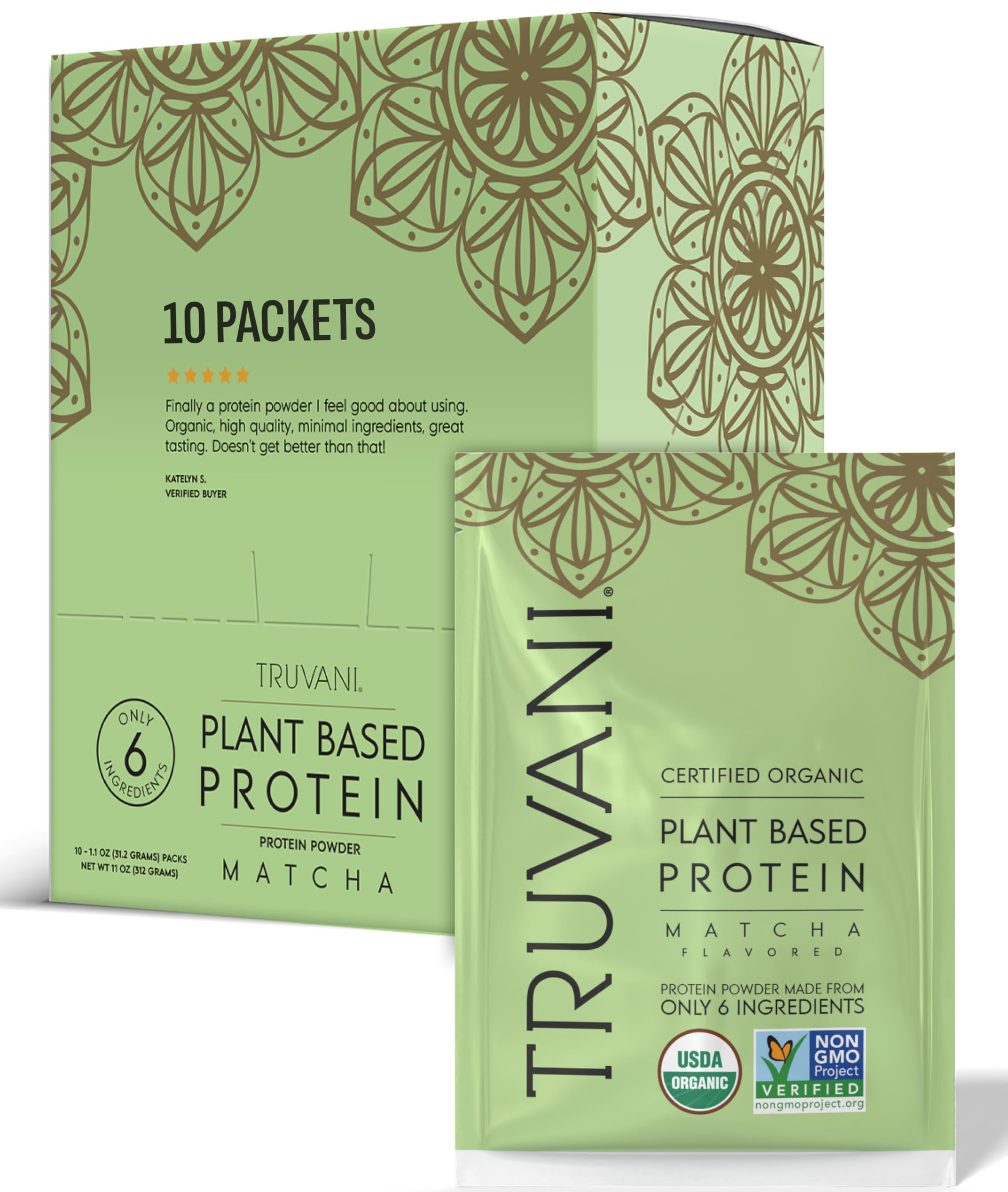 Truvani vegan pea protein powder tub shows organic protein for shakes