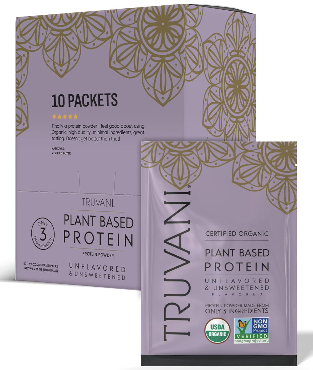Truvani vegan pea protein powder unflavored tub supports plant-based meals.