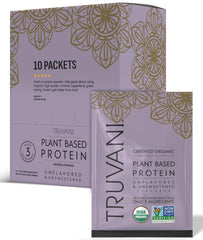 Truvani vegan pea protein powder unflavored tub supports plant-based meals.