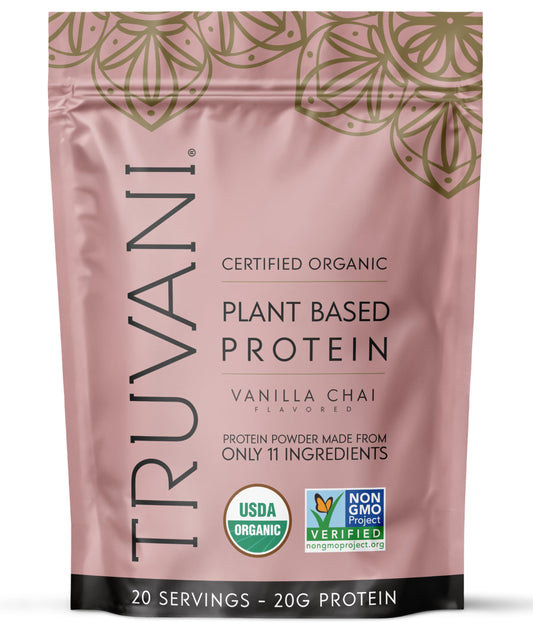 Truvani Vanilla Chai bottle shows organic vegan pea protein for a clean protein boost