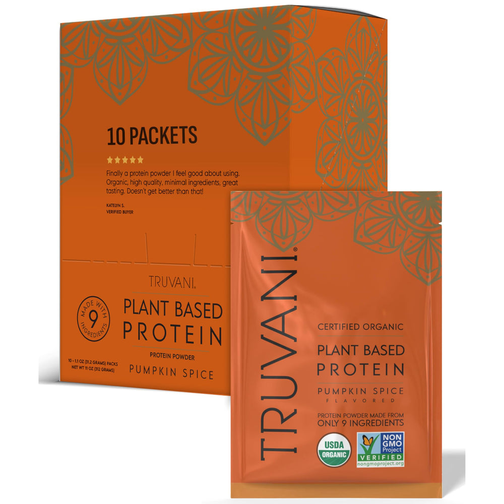 Truvani vegan pea protein pumpkin spice bottle highlights clean ingredients