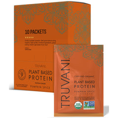 Truvani vegan pea protein pumpkin spice bottle highlights clean ingredients