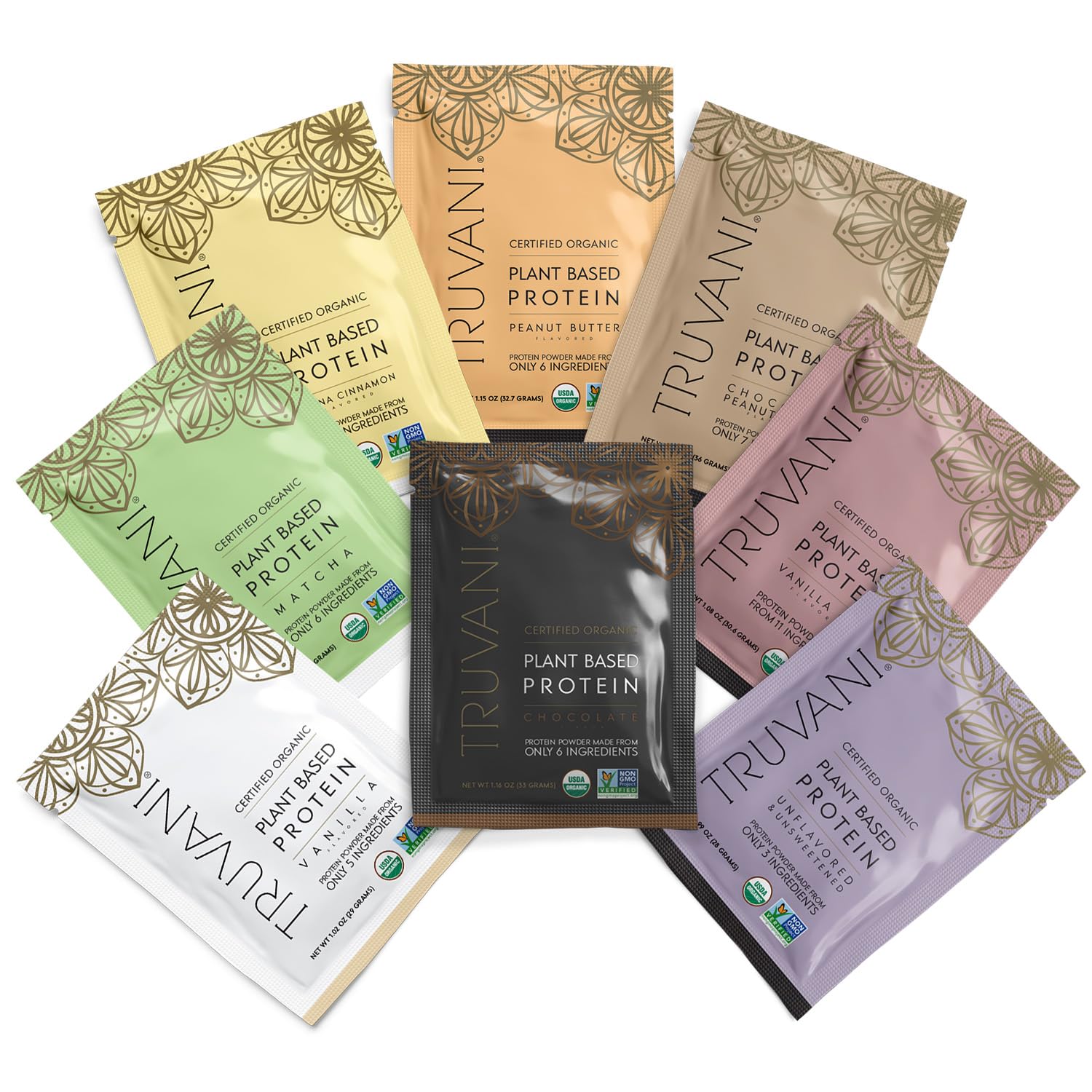 Truvani vegan pea protein sample pack packaging front highlights clean plant-based protein