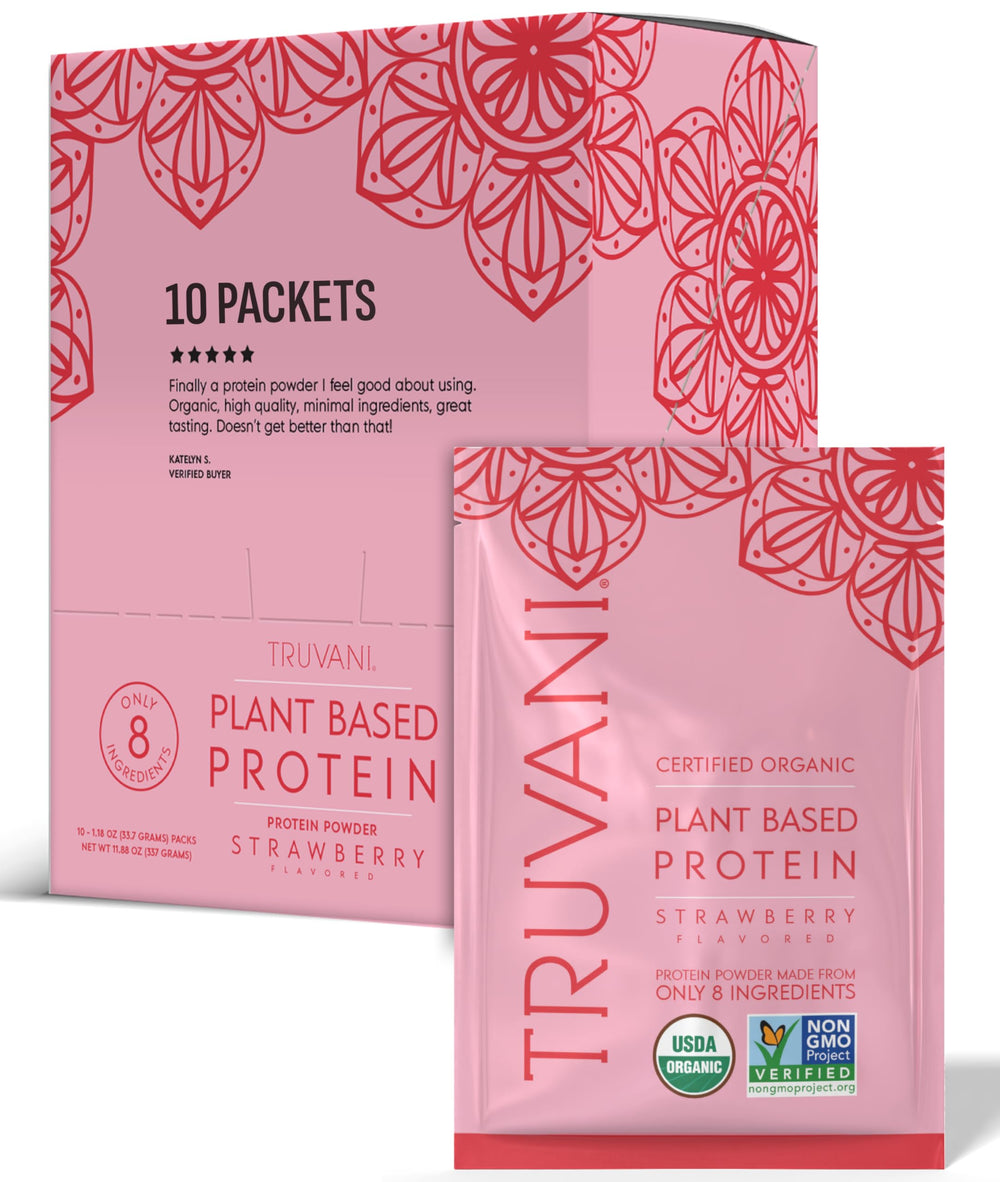 Truvani vegan pea protein strawberry powder for shakes.