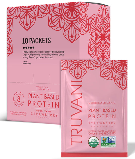 Truvani vegan pea protein strawberry powder for shakes.