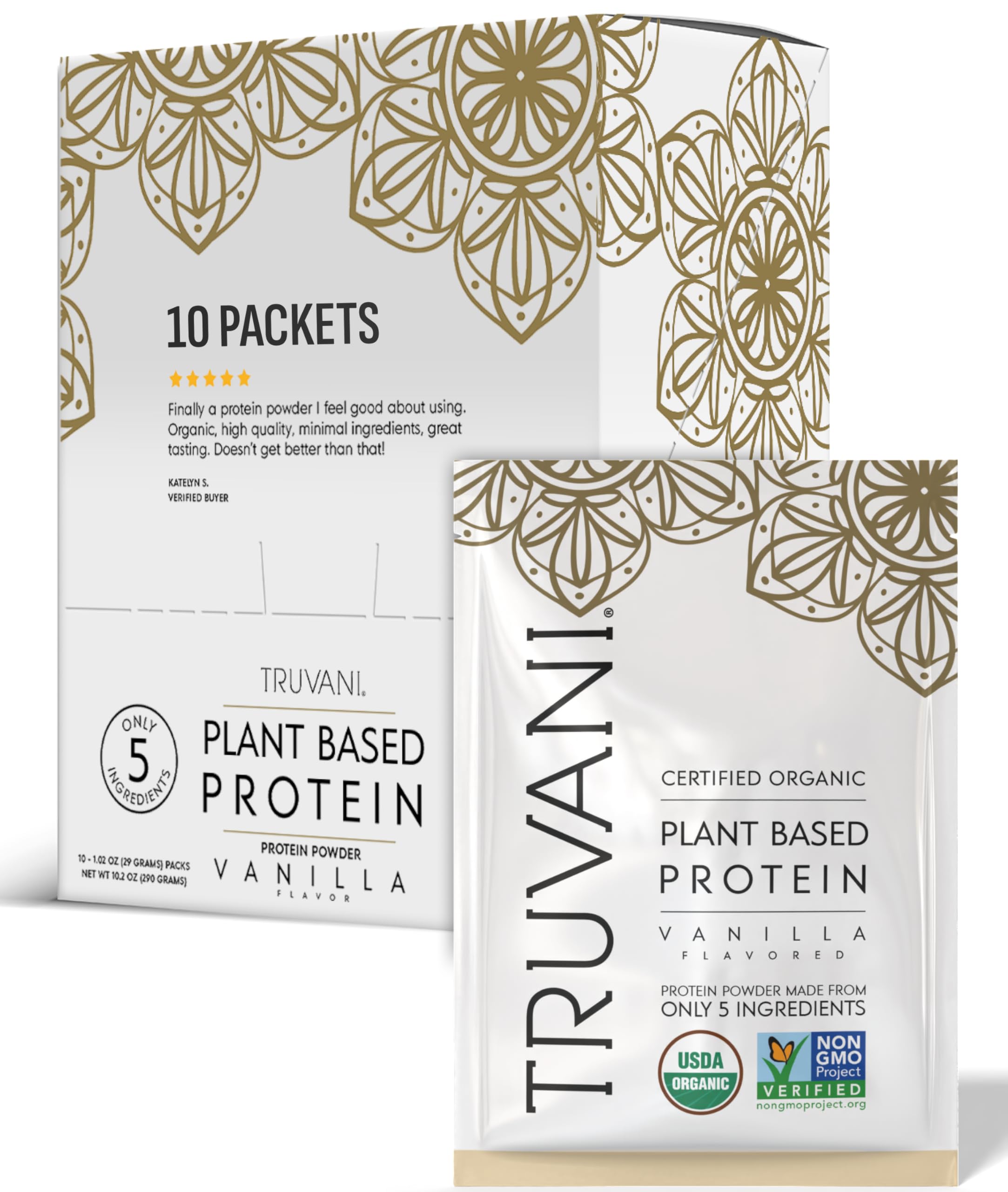 Truvani vegan pea protein vanilla jar highlights organic ingredients for clean daily protein.