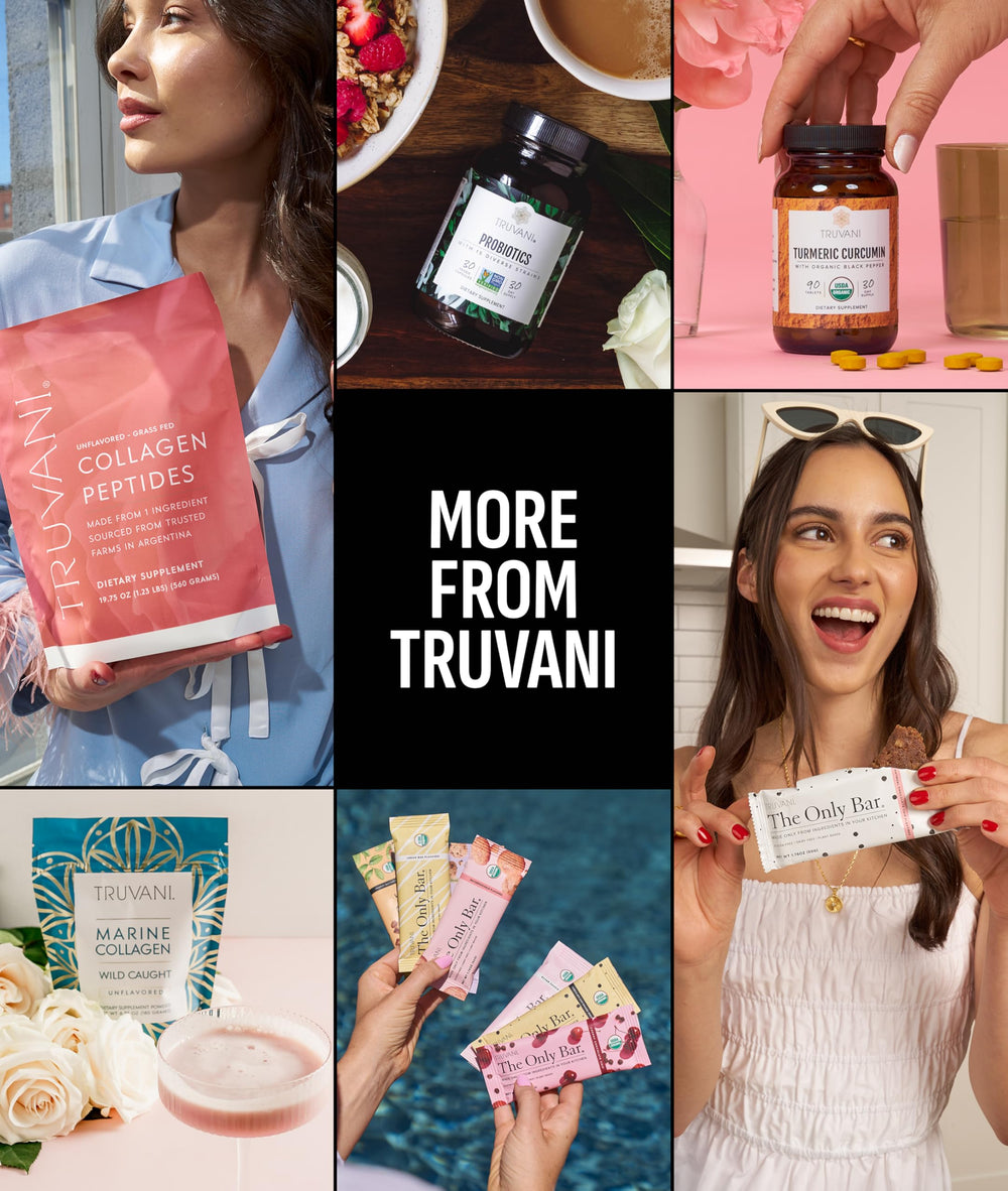 Truvani chocolate protein powder shake foam shot suggests rich flavor