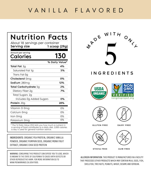 Truvani vegan vanilla protein powder pack emphasizing organic, non-GMO promise for healthy meals.
