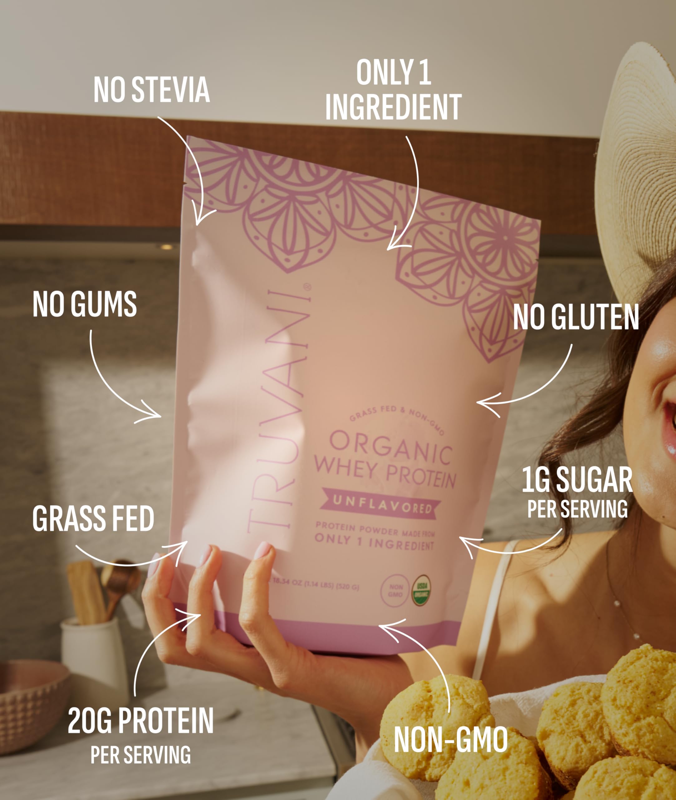 Truvani whey protein, 20g per scoop, supports muscle recovery