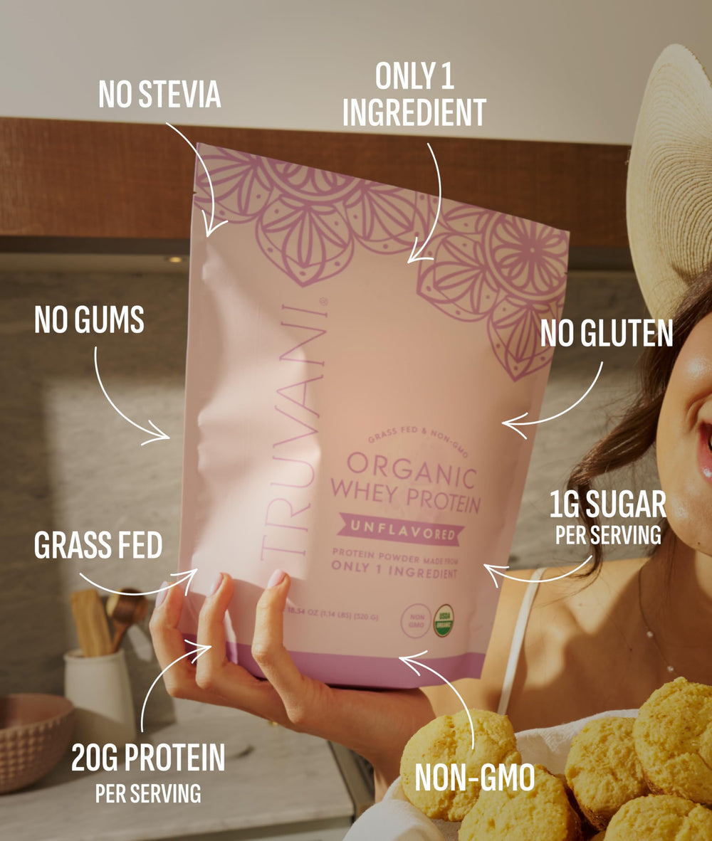 Truvani whey protein, 20g per scoop, supports muscle recovery