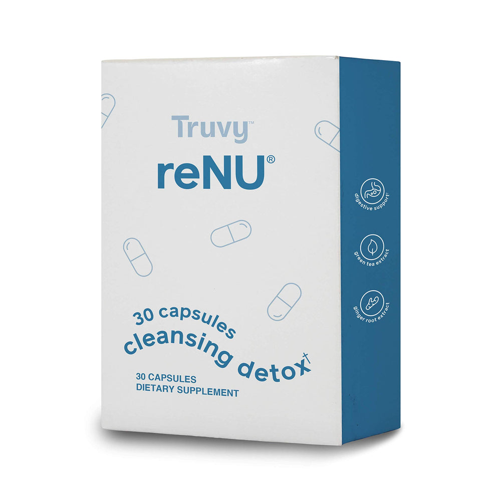 Truvy Renu Detox bottle on a clean counter promotes gentle daily digestive support