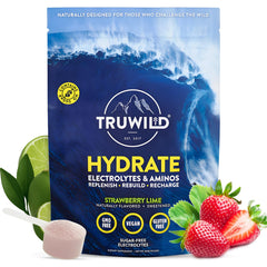 TruWild Hydrate bottle front showing flavor label and clean design for hydration.