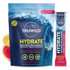 TruWild Hydrate powder tub front shows watermelon lemonade flavor for daily hydration