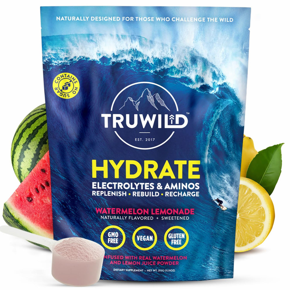 TruWild Hydrate watermelon-lemonade tub ready to mix for refreshing hydration after workouts