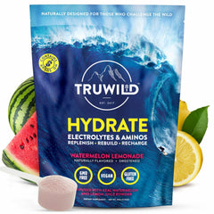 TruWild Hydrate watermelon-lemonade tub ready to mix for refreshing hydration after workouts