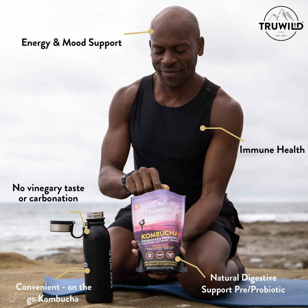 TruWild Kombucha Powder jar with label highlighting vegan, gluten-free ingredients.