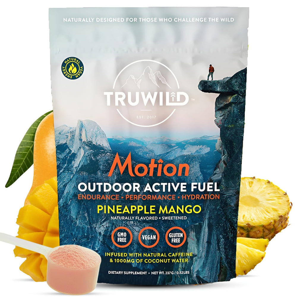 TruWild Motion pineapple mango tub shown for flavorful pre-workout energy.