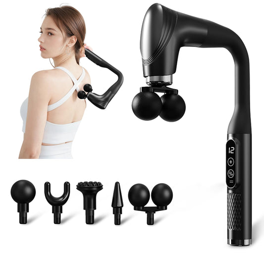 Trvtve double-headed elbow massage gun targets back and shoulders with deep percussion.