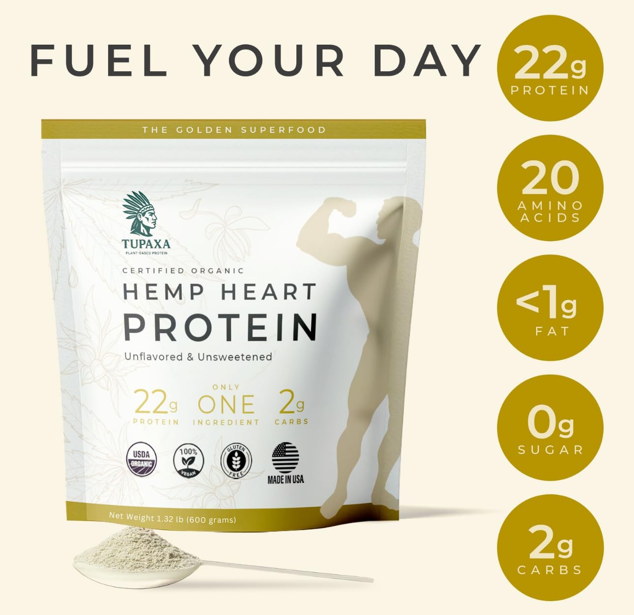 TUPAXA hemp protein powder scoop showing precise portion for smoothies