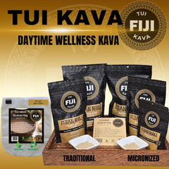 Fijian farm scene highlights sustainable sourcing of TUI KAVA micronized powder.