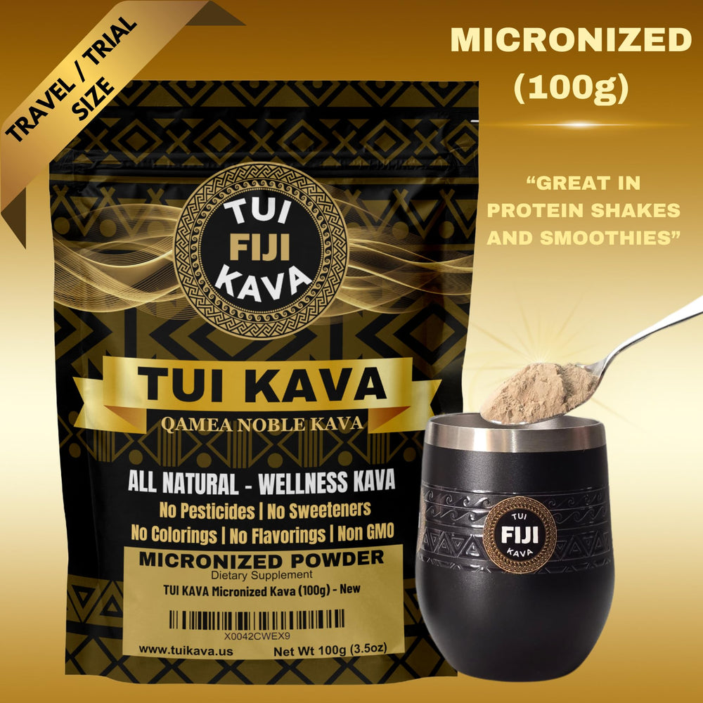 Measuring spoon beside TUI KAVA powder enables easy mix into drinks.