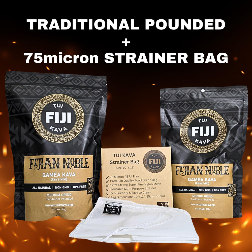 TUI KAVA traditional pounding mortar highlights authentic Fiji preparation and texture release.