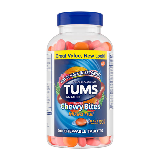 TUMS Chewy Bites mixed fruit bottle for quick heartburn relief