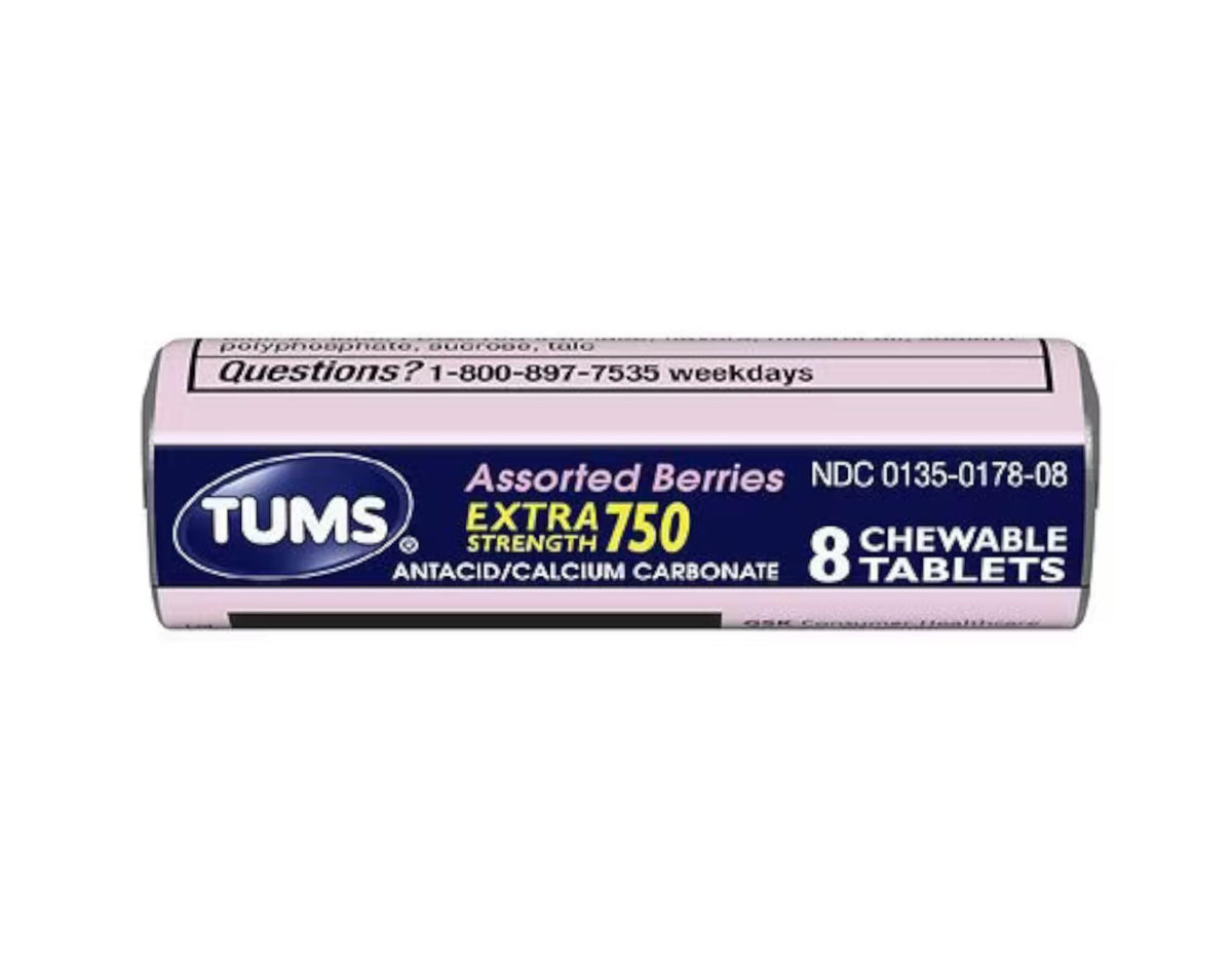 Tums Extra Strength 750 berry chewables in pocket roll for on-the-go relief.