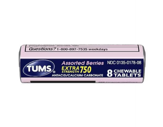 Tums Extra Strength 750 berry chewables in pocket roll for on-the-go relief.