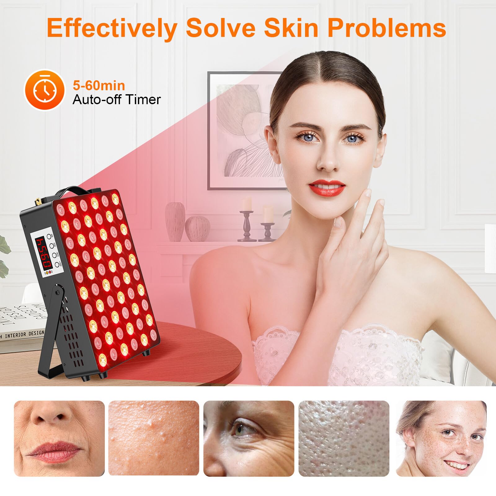 Tuohun face therapy close-up with 660nm red light for skin rejuvenation potential