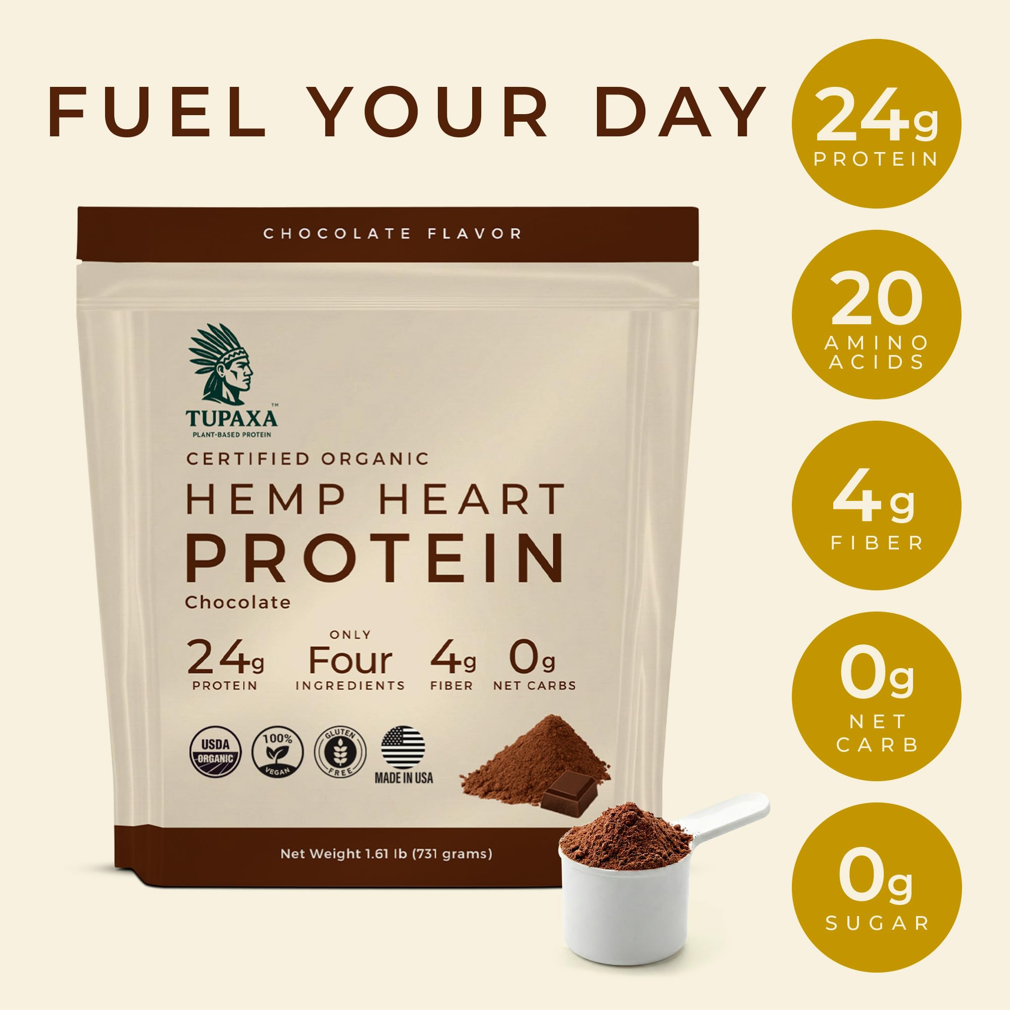 TUPAXA hemp protein chocolate scoop in glass easy mixing into shakes