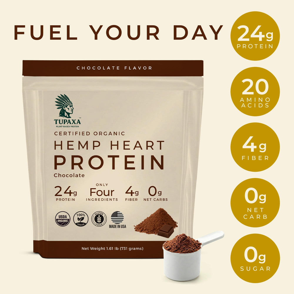TUPAXA hemp protein chocolate scoop in glass easy mixing into shakes