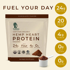 TUPAXA hemp protein chocolate scoop in glass easy mixing into shakes