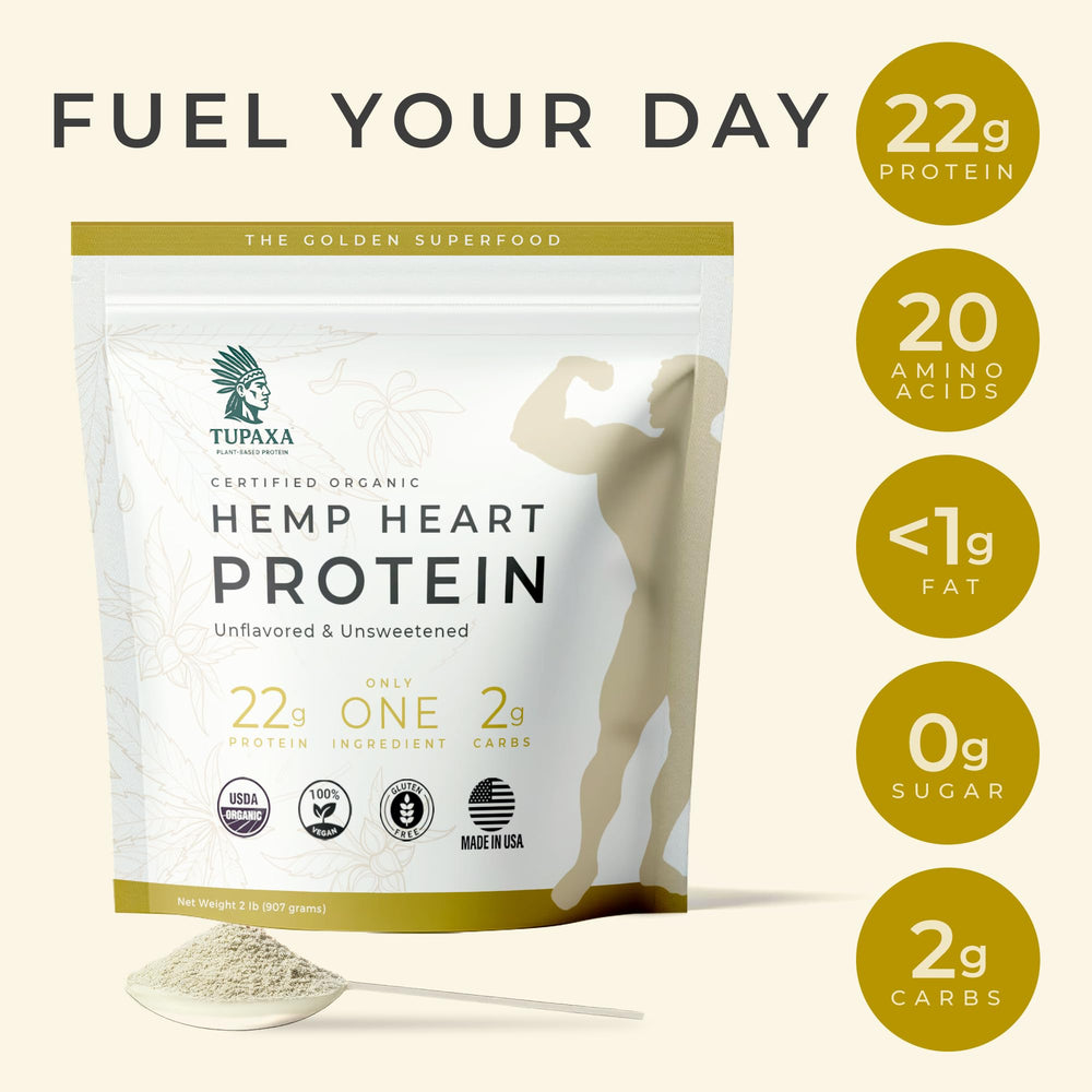 TUPAXA hemp protein powder scoop ready for precise portions.