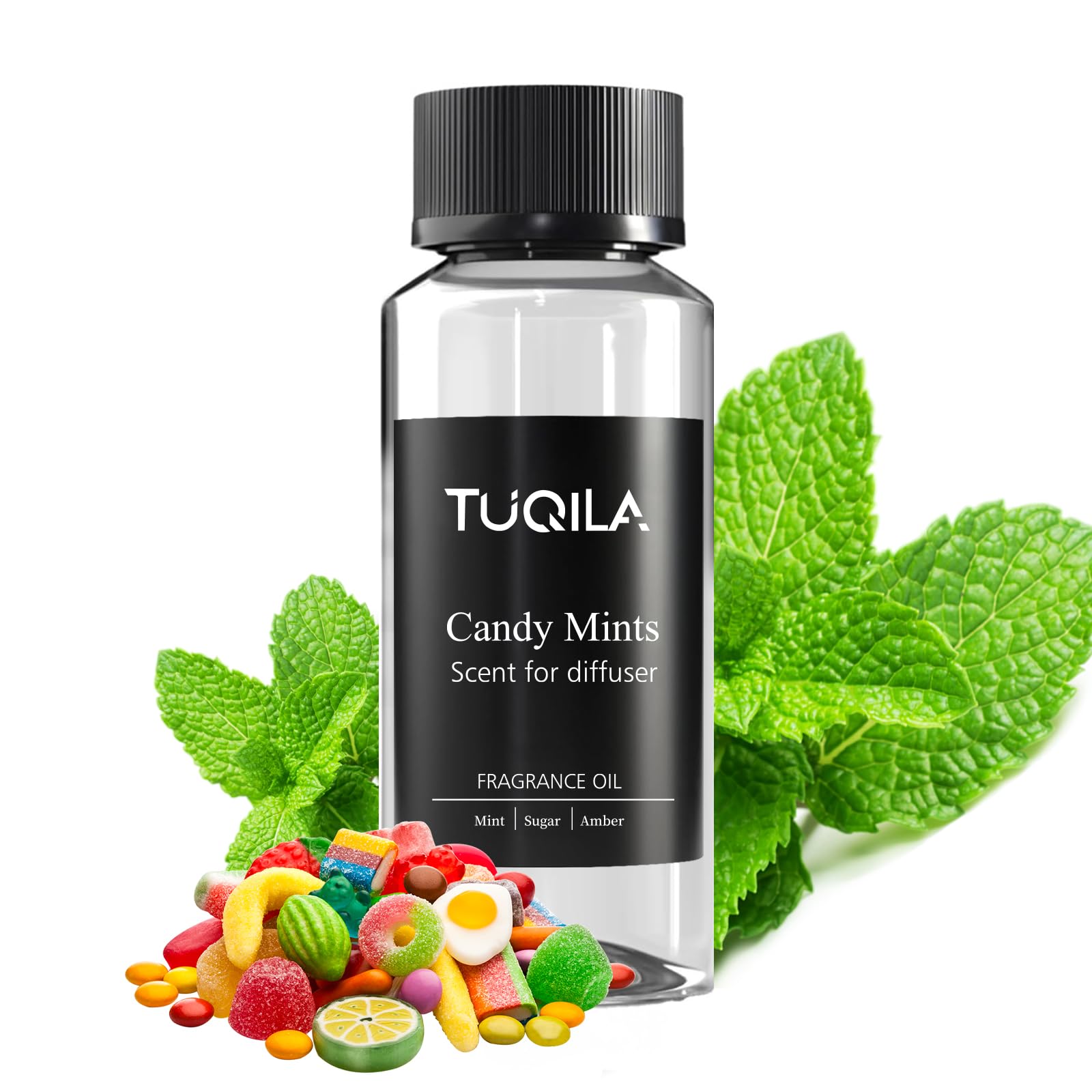 Tuqila Candy Mints diffuser oil bottle delivering crisp, refreshing aroma for home spaces.