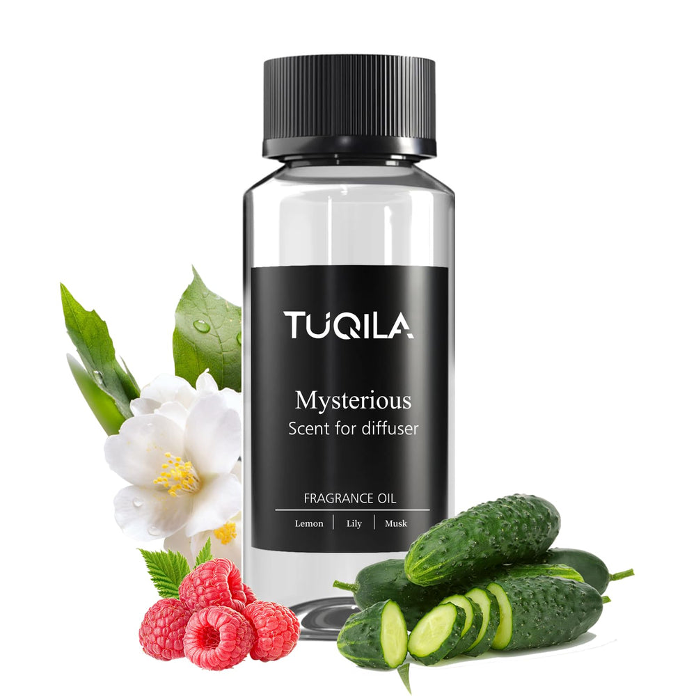 Tuqila Mysterious diffuser bottle front shows luxury essential oil for hotel-grade ambiance.