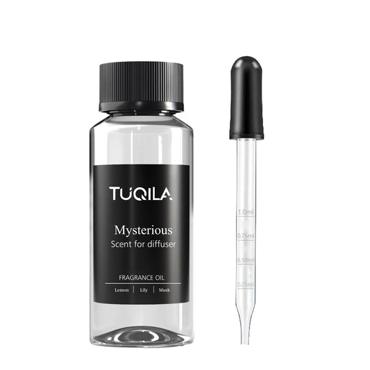 Tuqila Mysterious diffuser bottle pour illustrates easy application for instant scent diffusion.