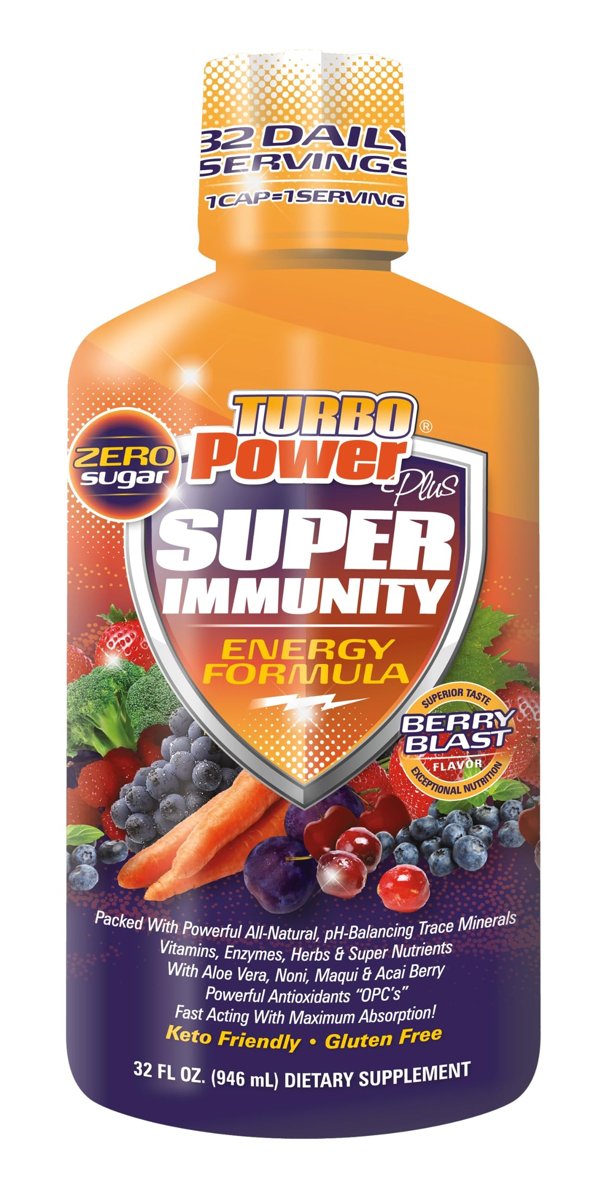 Turbo Power Liquid Vitamin Plus bottle showing tropical flavor for daily energy