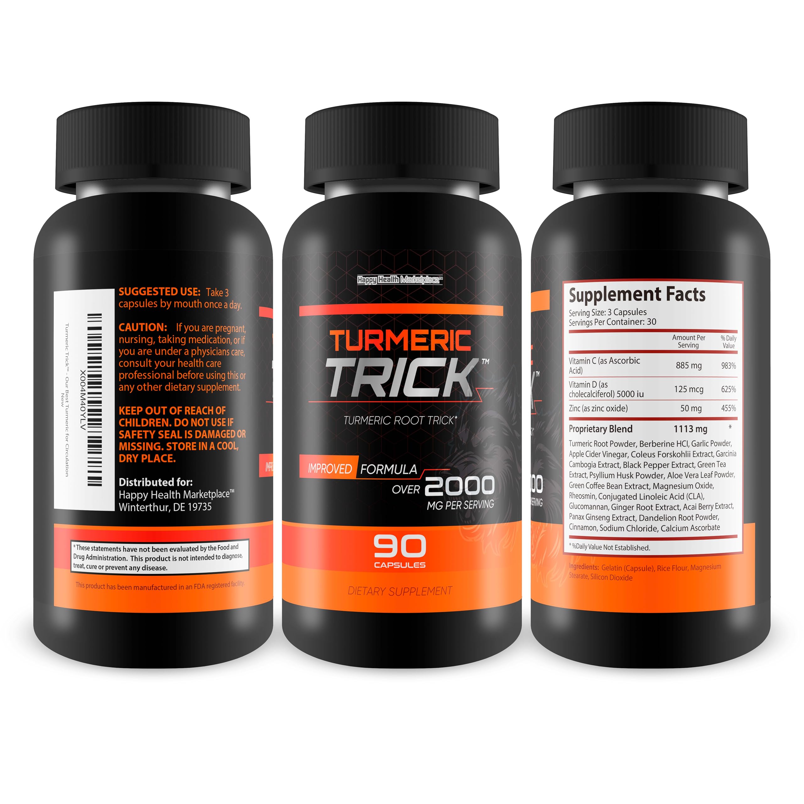 Turmeric Trick bottle side label highlighting zinc and black pepper ingredients.