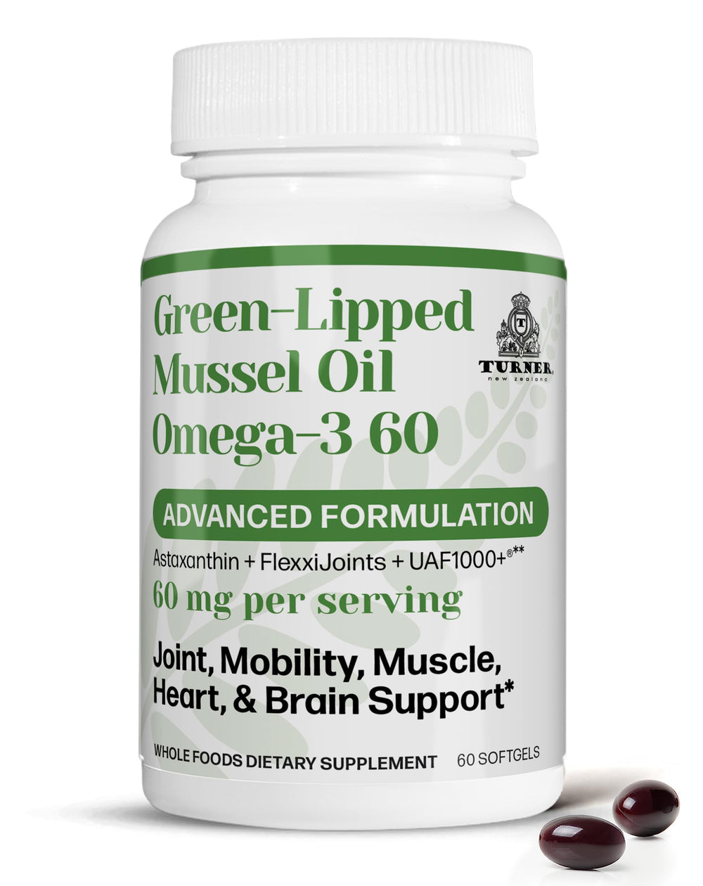 TURNER Omega-3 green-lipped mussel oil bottle highlighting joint support potential
