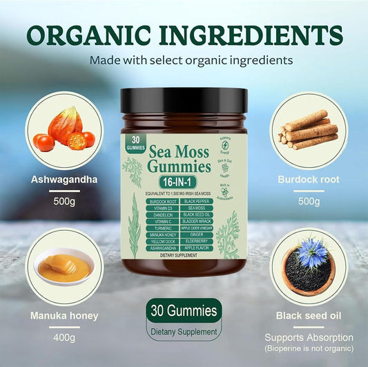Tuyapio Sea Moss Gummies 16 in 1 pour shows on-the-go nutrition.