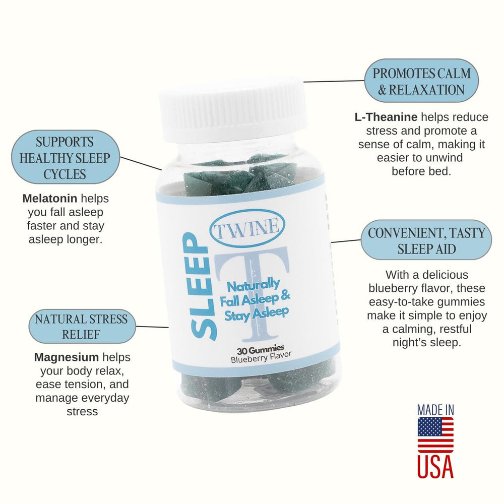 TWINE Sleep Gummies on a bedside tray paired with warm lighting for relaxation.