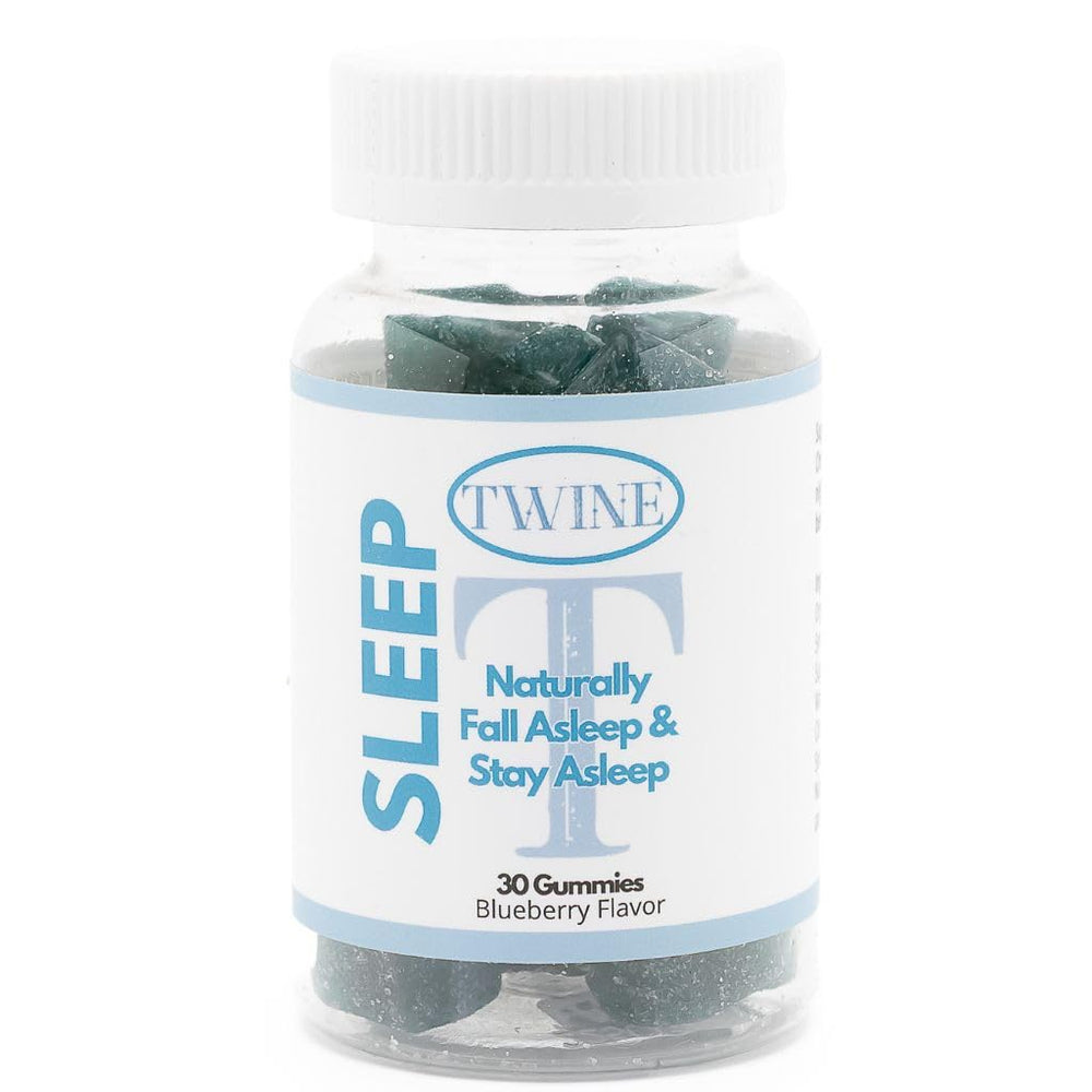 TWINE Sleep Gummies label highlights melatonin and herbal botanicals for winding down naturally.