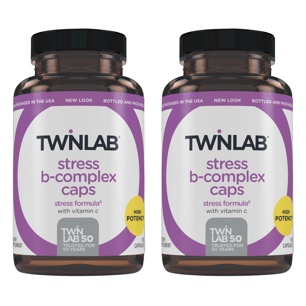 Twinlab Stress B-Complex caps front view highlighting energy support