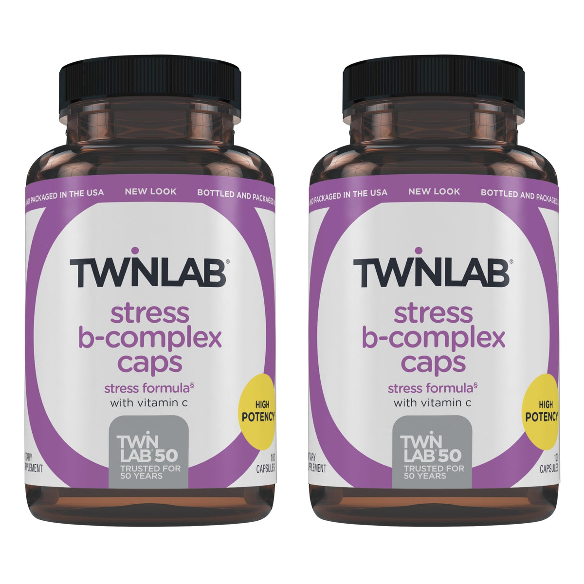 Twinlab Stress B-Complex caps front view highlighting energy support