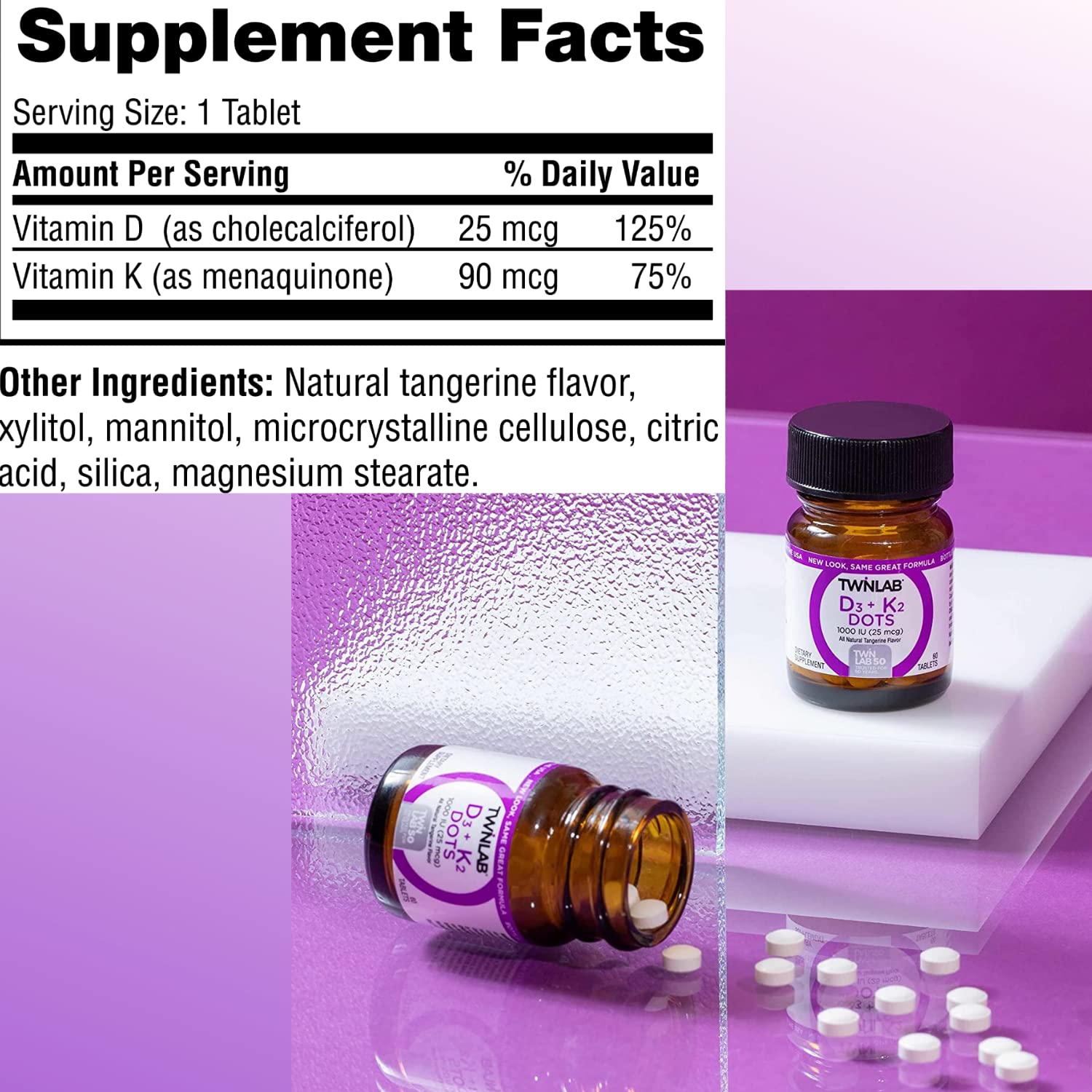 Twinlab Vit D3 1000 & K2 Dots label close-up showing ingredients for informed choices.