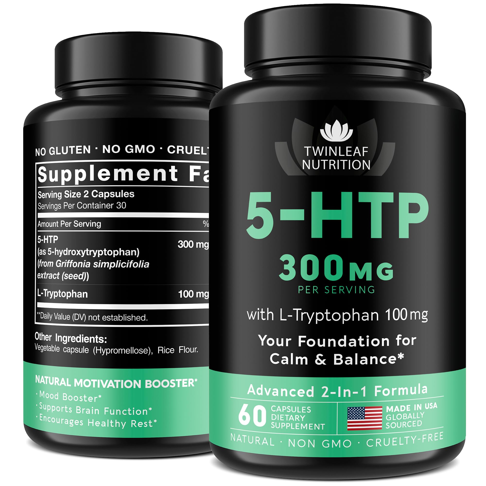 Twinleaf 5-HTP bottle front view for mood support