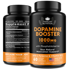 TwinLeaf Nutrition dopamine brain support bottle close-up showing capsules for daily focus.