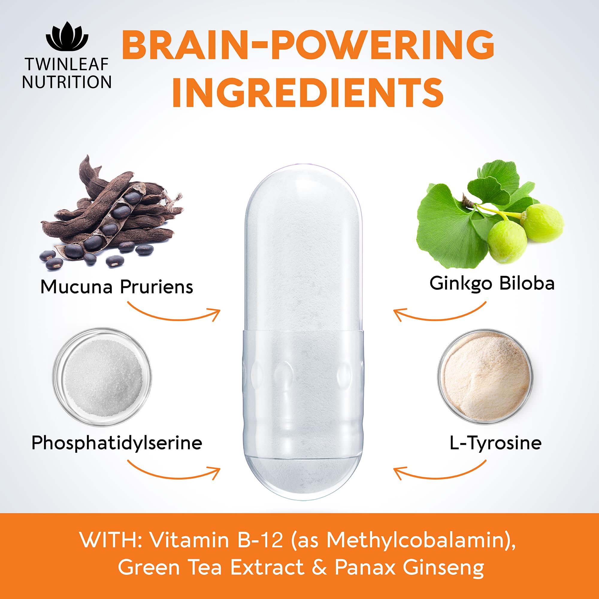 TwinLeaf Nutrition dopamine brain support ingredients label featuring L-Tyrosine and botanicals.