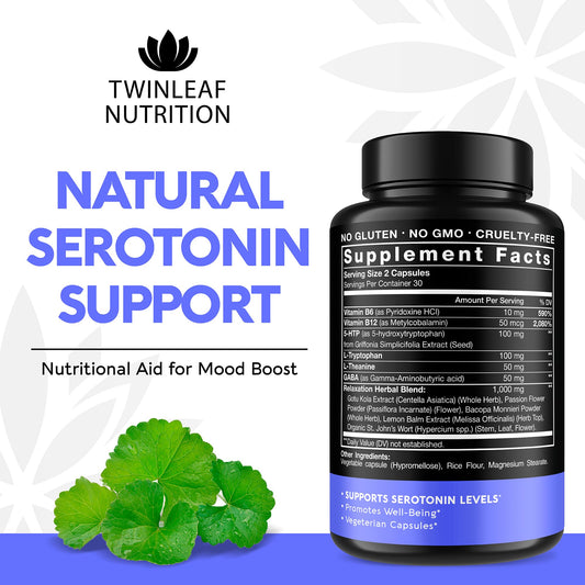 Twinleaf Serotonin ingredients panel showing 5-HTP, L-tryptophan, GABA, and B vitamins.